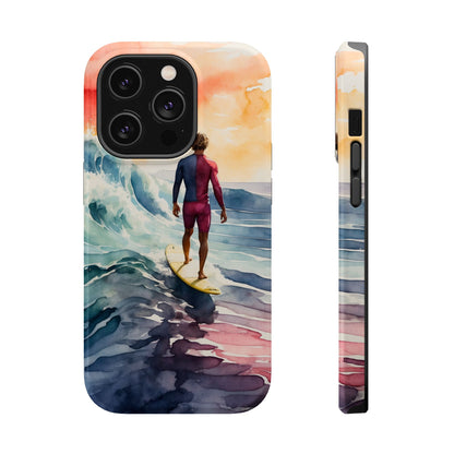 Surfer’s Sunset Wave MagSafe iPhone Case – Vibrant Watercolor Design