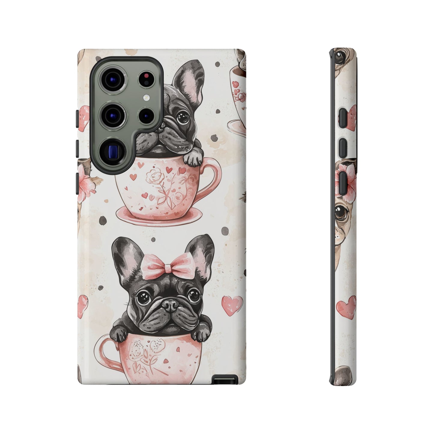 French Bulldogs in Teacups Samsung Galaxy Case – Cute Dog Design with Hearts & Bows, Shockproof & Slim