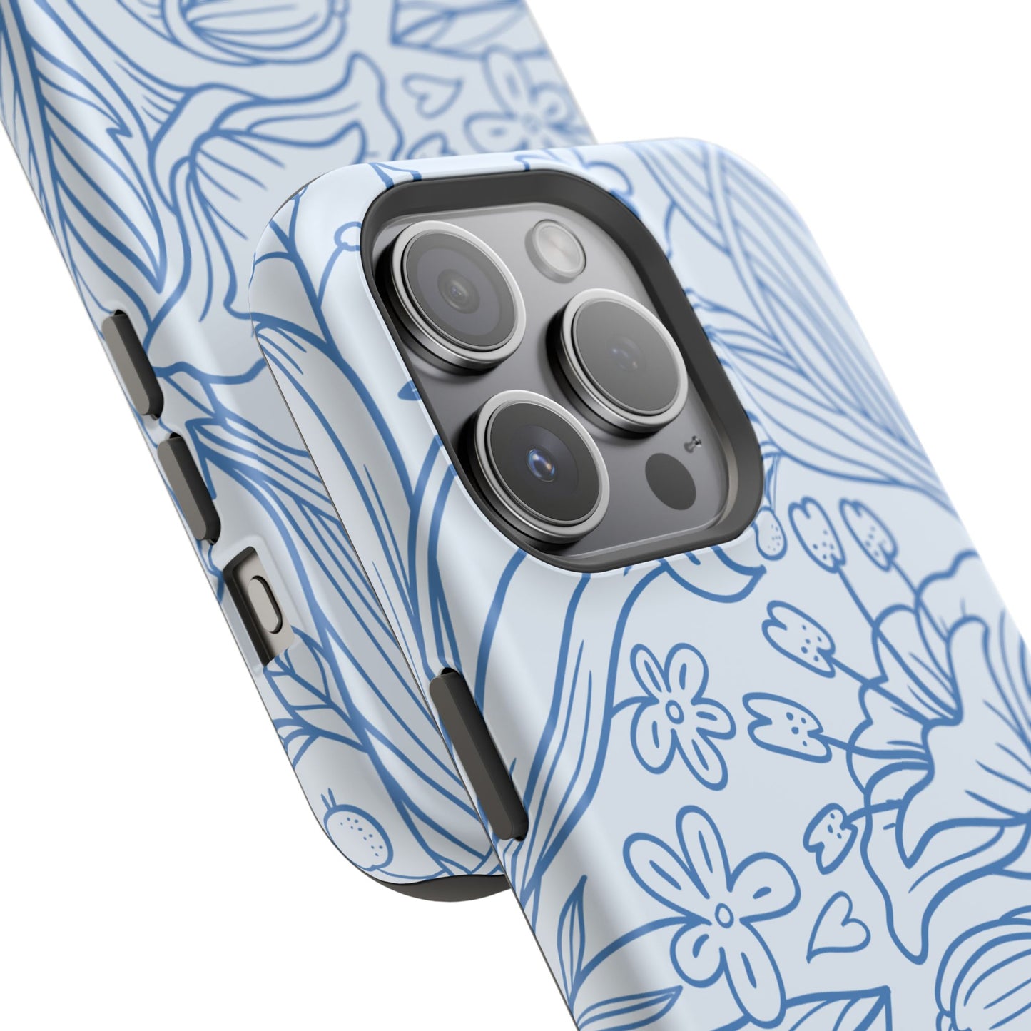 Dusty Blue Floral Line Art Tough MagSafe iPhone Case – Minimalist Botanical Design with Dual-Layer Protection