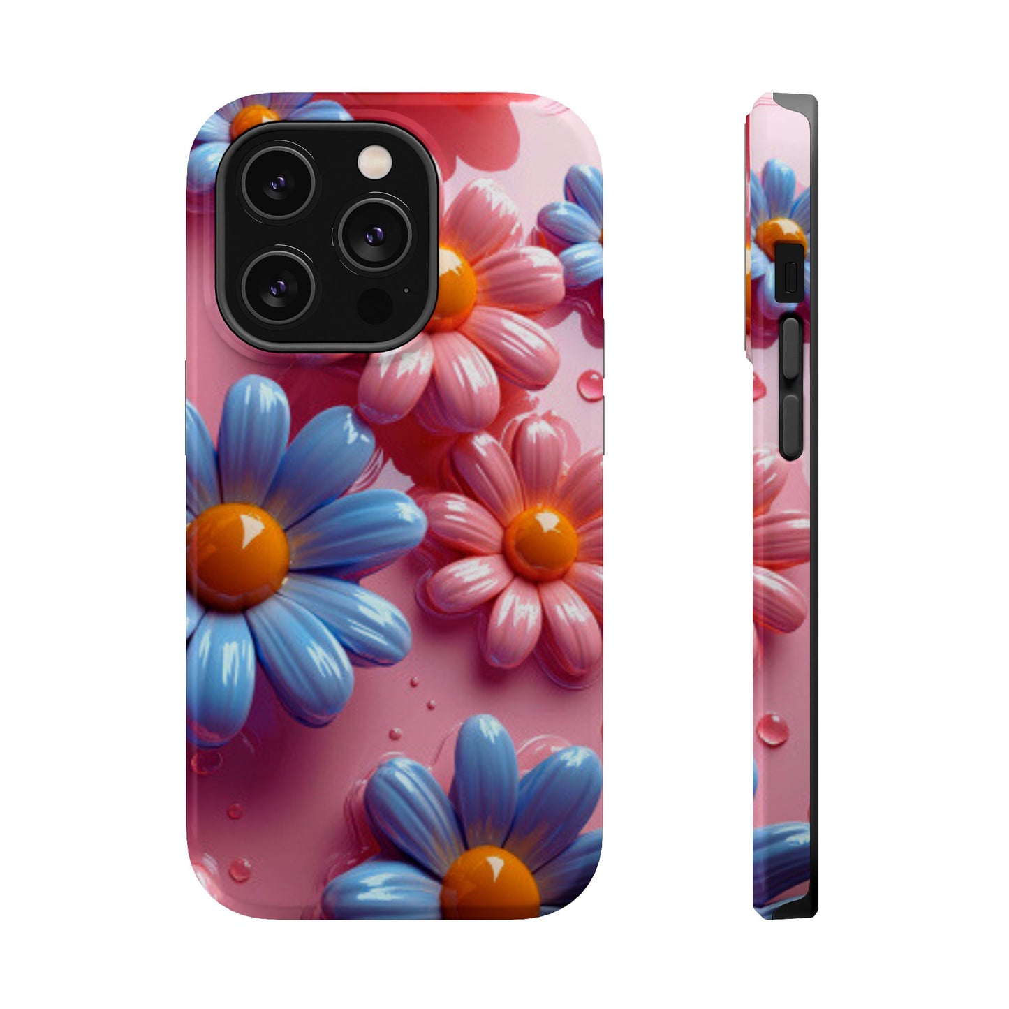 Pastel Daisy 3D MagSafe iPhone Case – Glossy Pink and Blue Floral Design, Full Protection