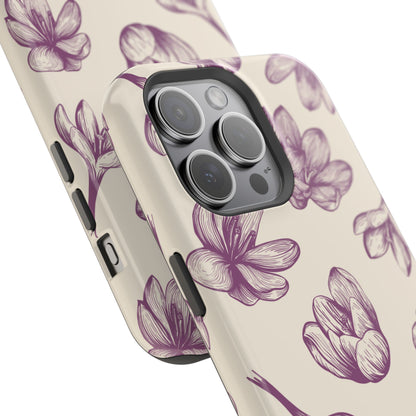 Vintage Botanical Floral Tough MagSafe iPhone Case – Hand-Drawn Purple Flowers, Shockproof Design