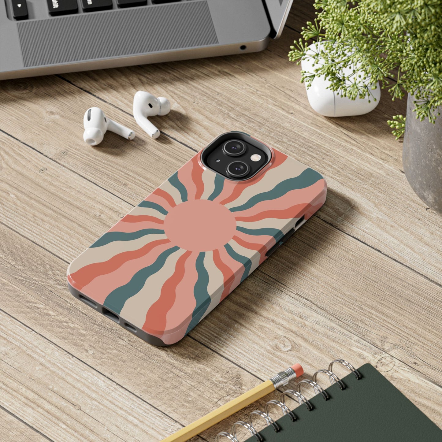 Retro Sunburst iPhone Case – Bold 70s-Inspired Waves in Coral, Teal, and Cream