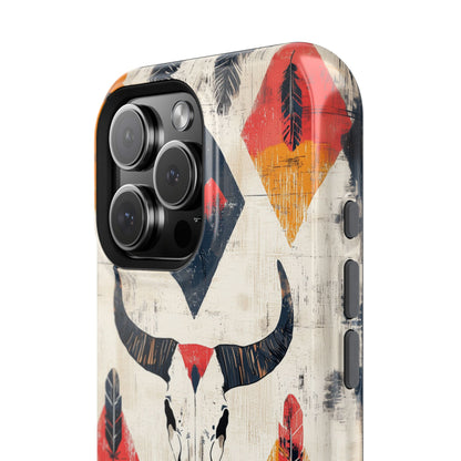 Western Bull Skull & Feathers Tough Mag Safe iPhone Case – Bold Tribal Design, Dual-Layer Protection