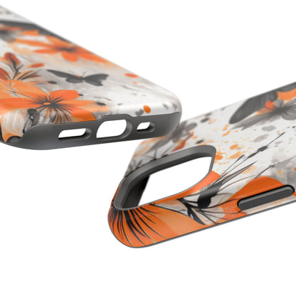 Orange Blossom & Black Butterfly MagSafe iPhone Case – Bold Floral Pattern with Modern Abstract Style