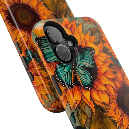 Vintage Blue Butterfly & Sunflower Art – MagSafe iPhone Case