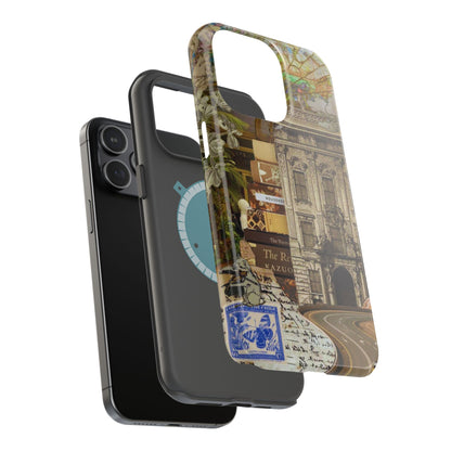 Whimsical Road Trip Collage MagSafe iPhone Case – Dual-Layer Protection with Vintage Art and Adventure Design