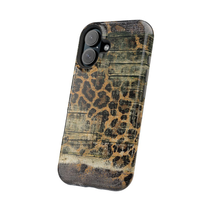 Rustic Wood and Leopard Print Tough MagSafe iPhone Case – Distressed Western Design with Dual-Layer Protection