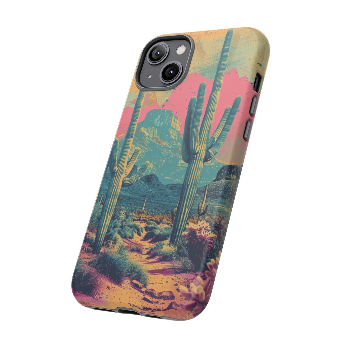 Desert Oasis Retro Cactus Phone Case - Vibrant Sunset Landscape for iPhone 15/14/13/12, Samsung S24/S23/S22/S21, & Google Pixel