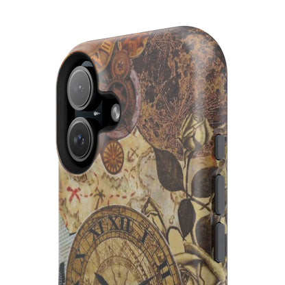 Steampunk Vintage Adventure MagSafe iPhone Case – Dual-Layer Protection with Antique Map and Clock Design