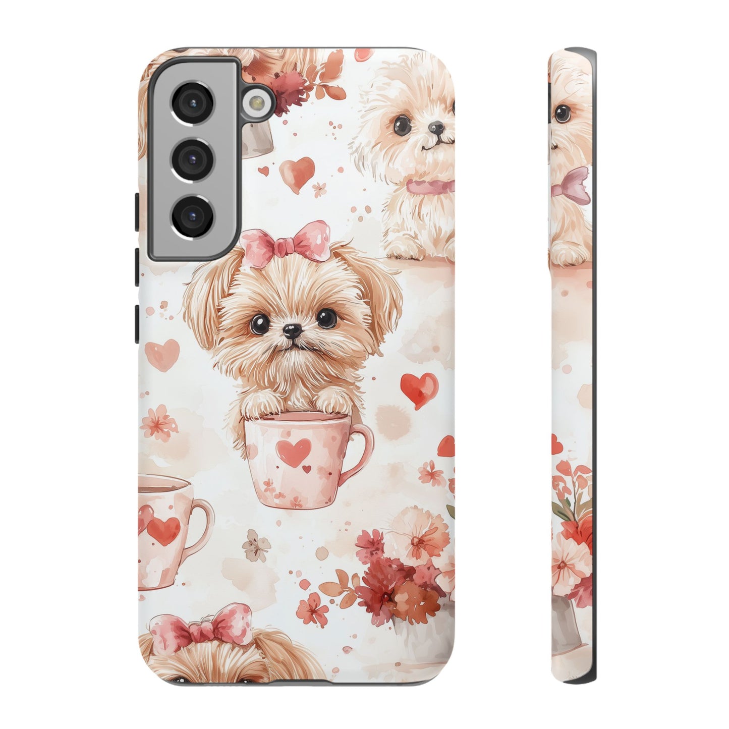 Puppies & Heart Mugs Samsung Galaxy Case – Sweet Dog & Floral Design, Shockproof & Slim