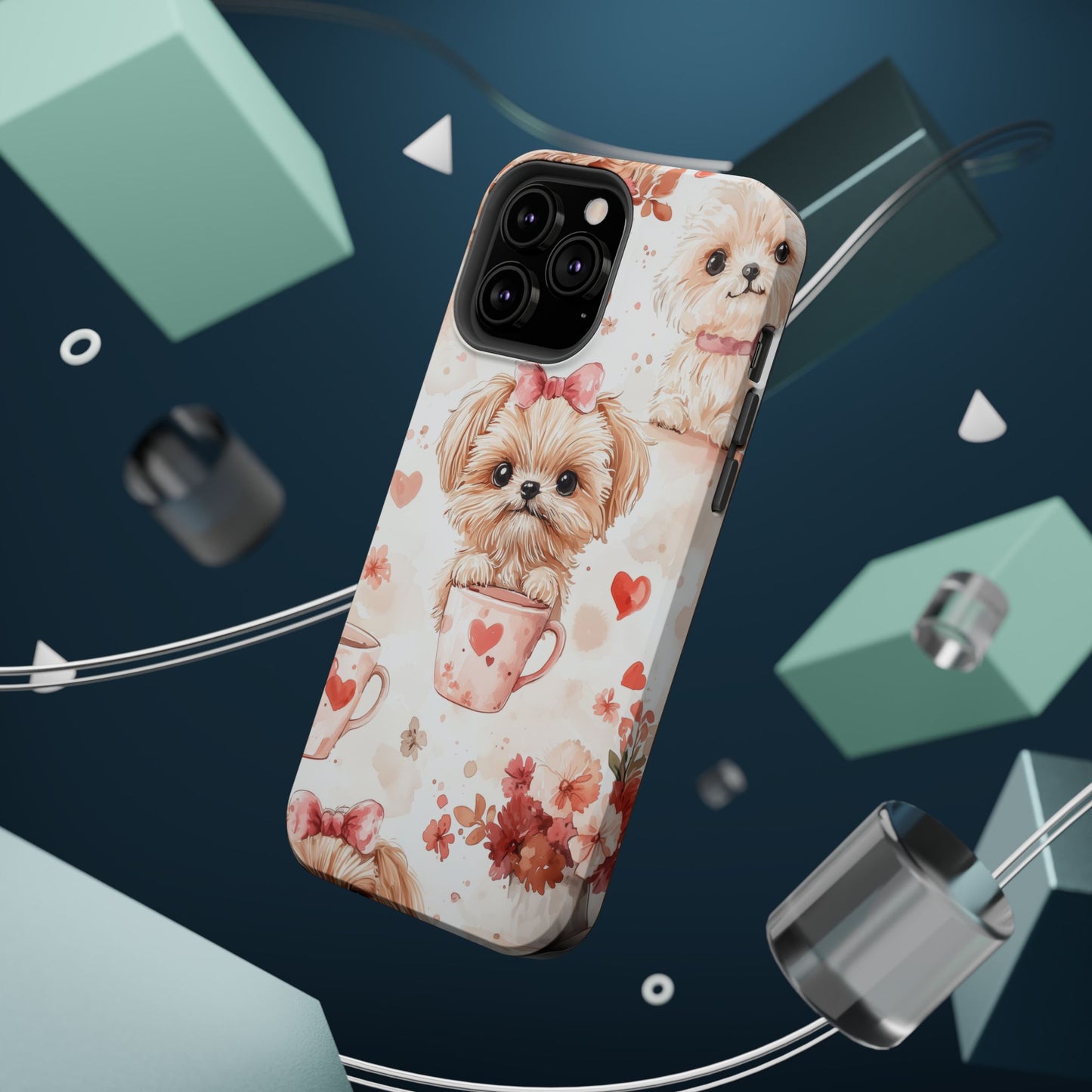 Puppies & Heart Mugs MagSafe iPhone Case – Sweet Dog & Floral Design, Shockproof & Slim