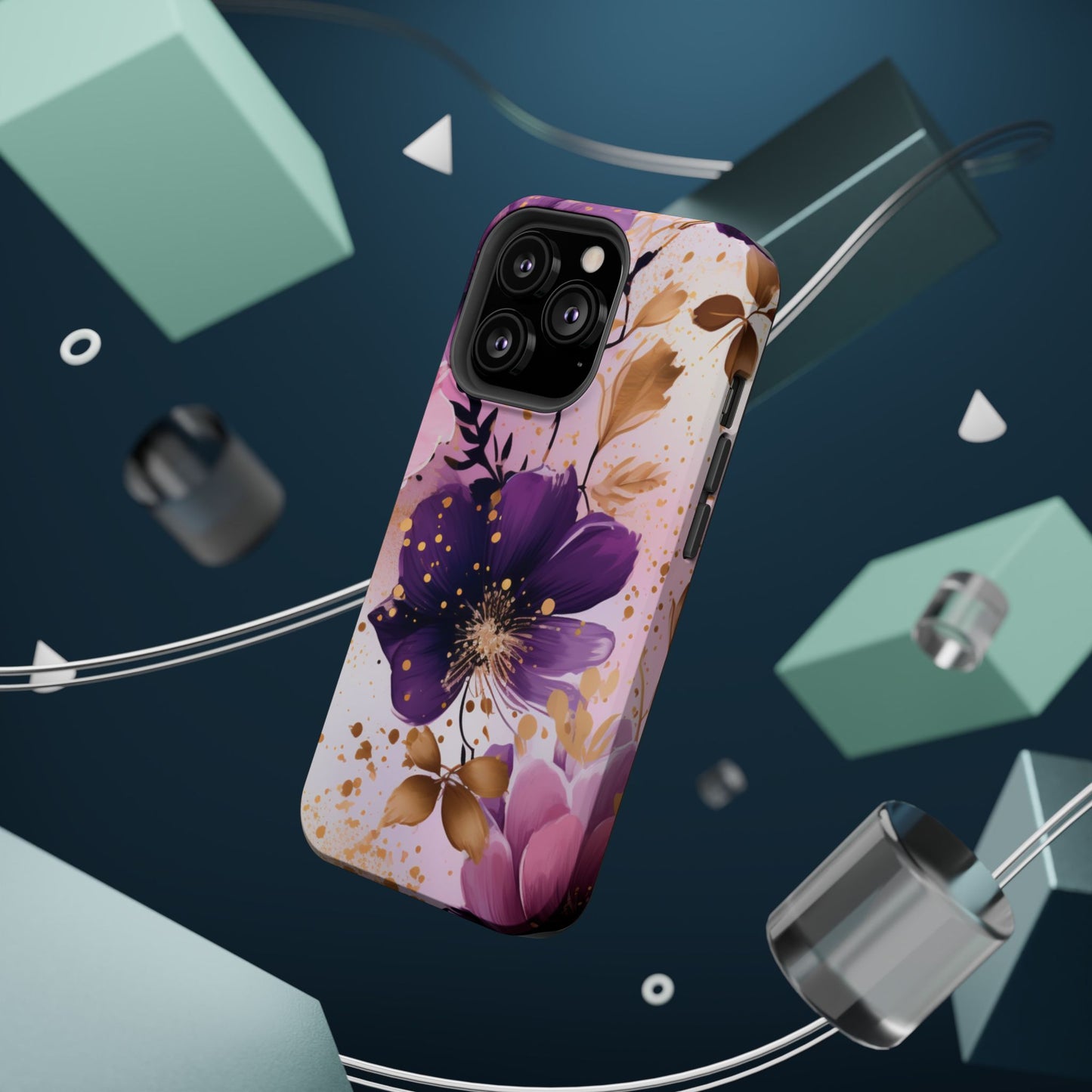 Elegant Purple & Gold Floral MagSafe iPhone Case - Luxe Flower Design