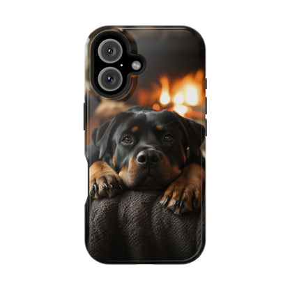 Cozy Rottweiler by the Fireplace MagSafe iPhone Case – Warm Rustic Design