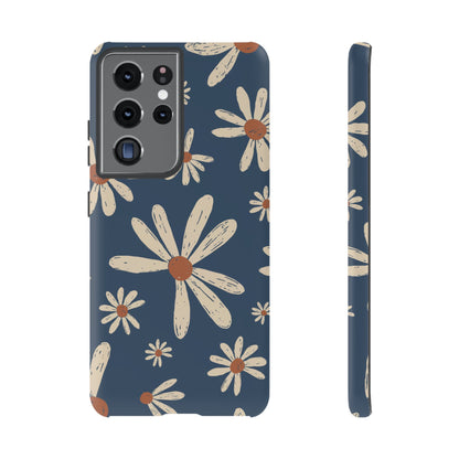 Vintage Daisies Samsung Galaxy Case – Navy Blue Floral Design, Scratch-Resistant with Shock-Absorbing Bumper