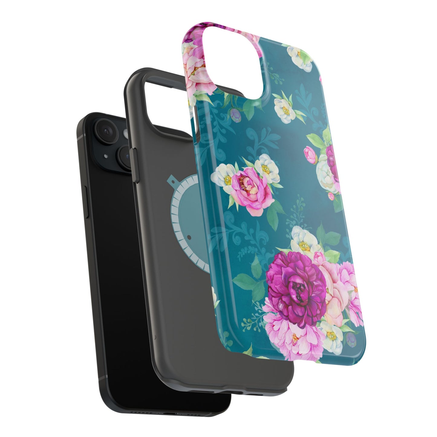 Elegant Peony Bouquet MagSafe iPhone Case – Deep Teal Background with Romantic Floral Design