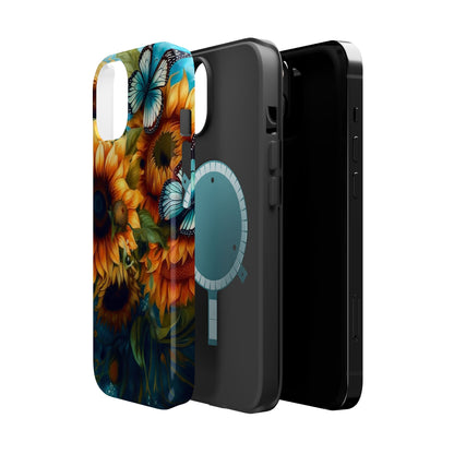 Aqua Blue Butterfly & Sunflower Art – MagSafe iPhone Case