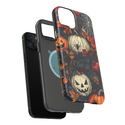 Hauntingly Elegant Halloween MagSafe iPhone Case – Pumpkins, Spiders, and Autumn Leaves Design