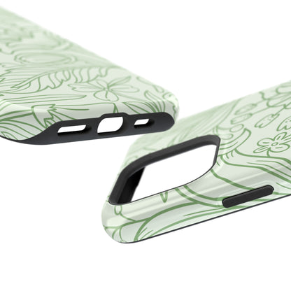 Sage Green Floral Line Art Tough MagSafe iPhone Case – Minimalist Botanical Design with Dual-Layer Protection