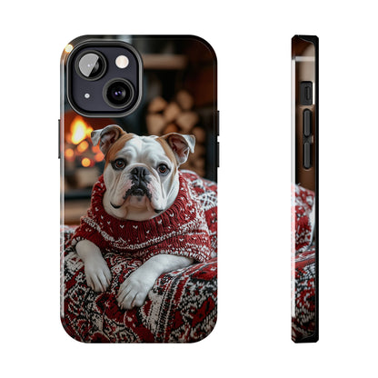 Cozy Bulldog in Sweater iPhone Case – Festive Fireplace Protective Cover