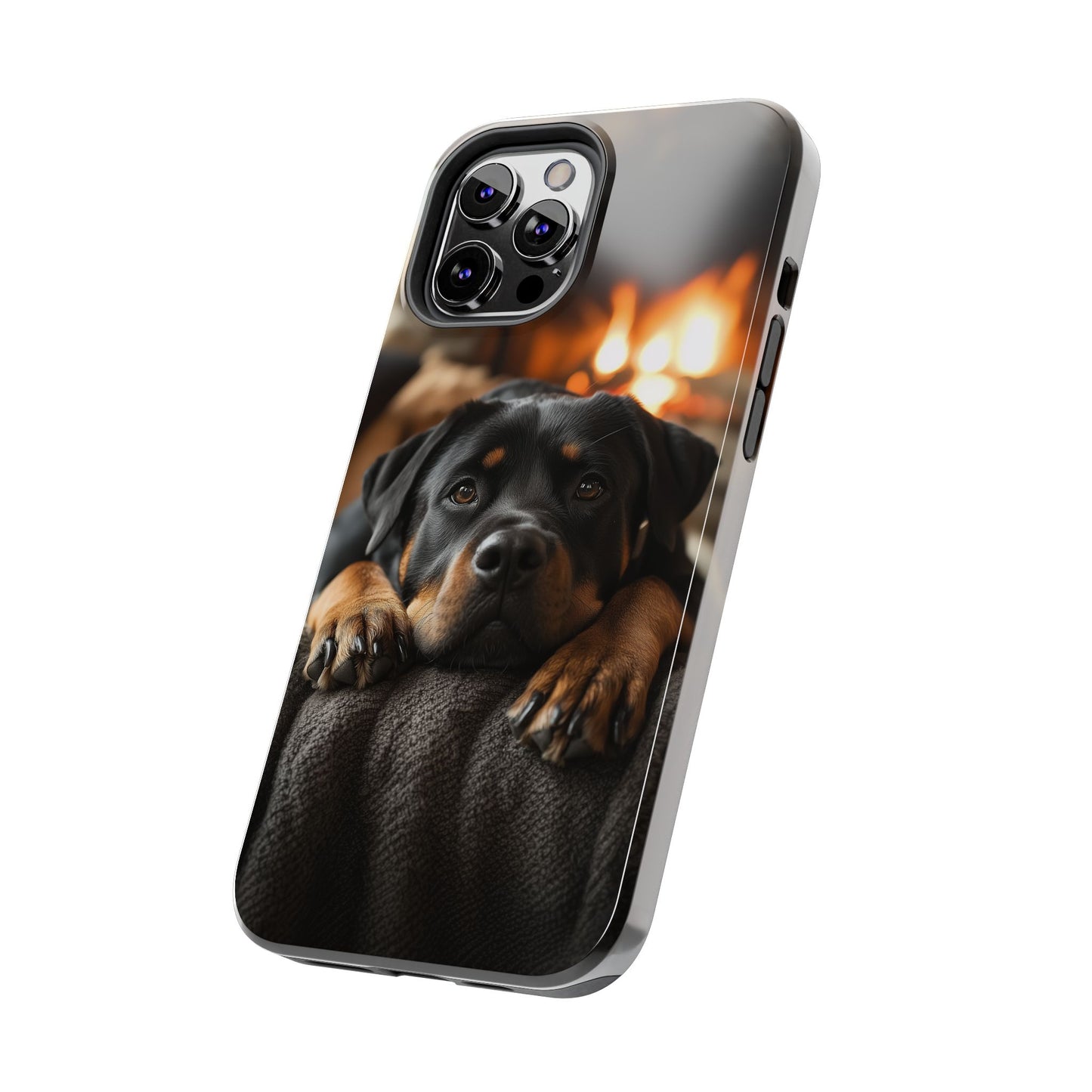 Cozy Rottweiler by the Fireplace iPhone Case – Warm Rustic Design