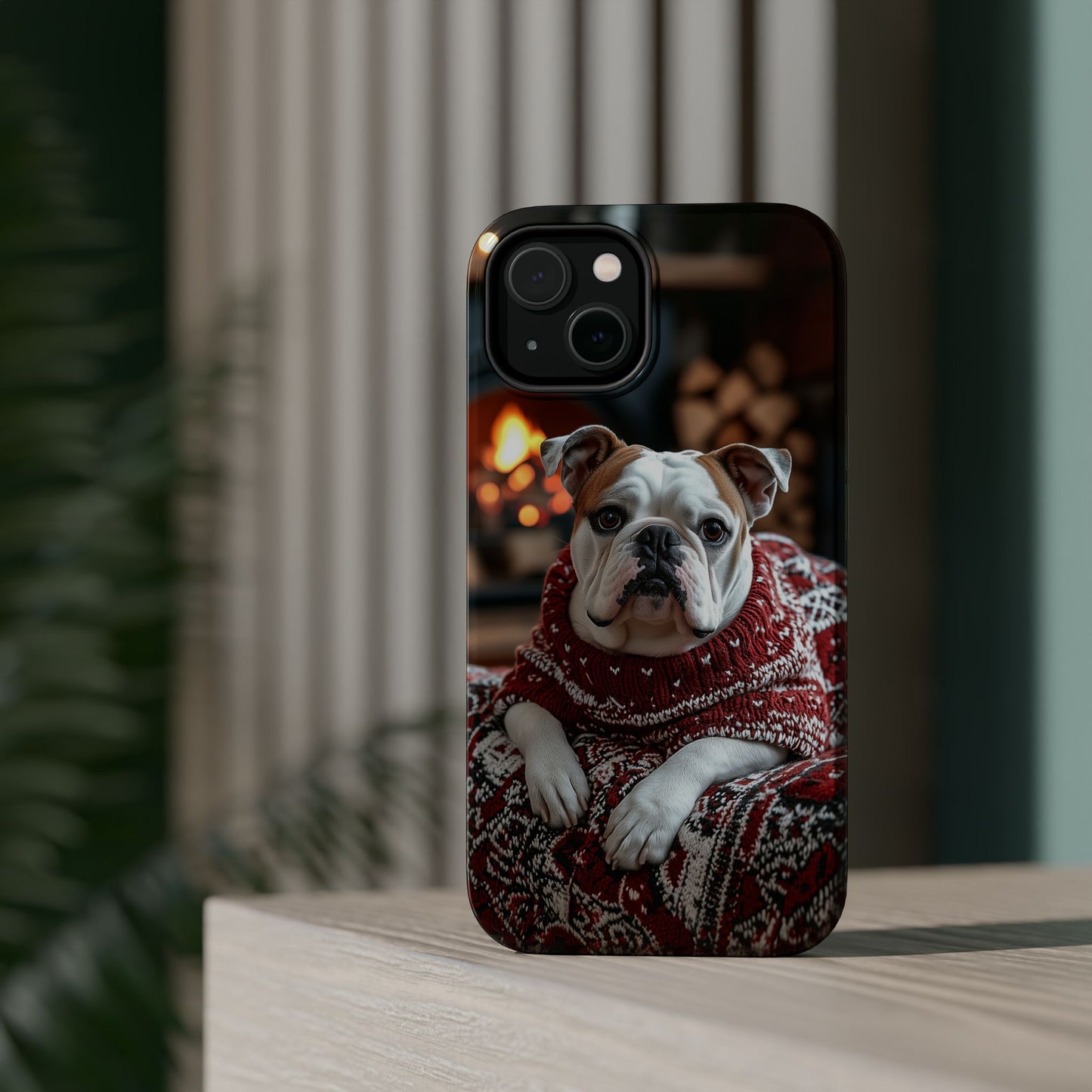 Cozy Bulldog in Sweater MagSafe iPhone Case – Festive Fireplace Protective Cover