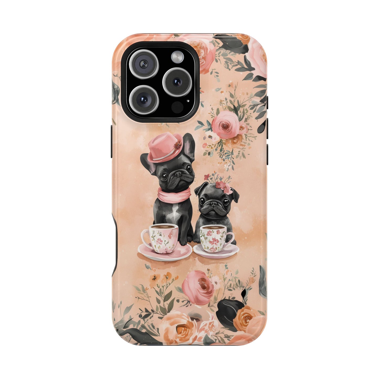 Floral French Bulldogs MagSafe iPhone Case – Elegant Dog Design with Tea Cups & Roses, Shockproof Protection