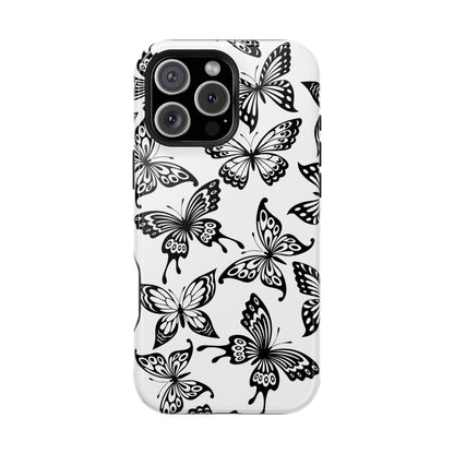 Monochrome Butterfly Pattern Tough MagSafe Case – Dual-Layer Protection with Matte Finish