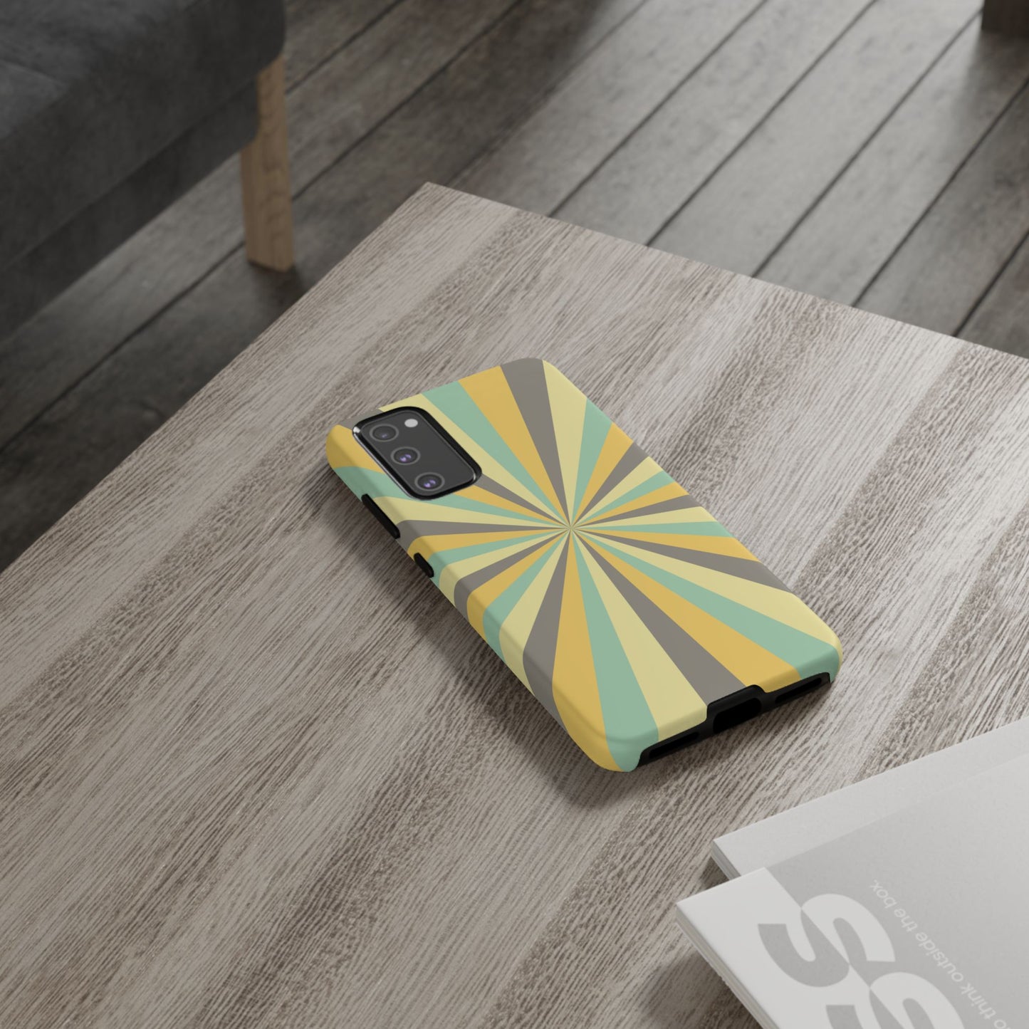 Vintage Sunburst Rays Samsung Galaxy Case – Bold 70s-Inspired Burst in Yellow, Mint, and Gray