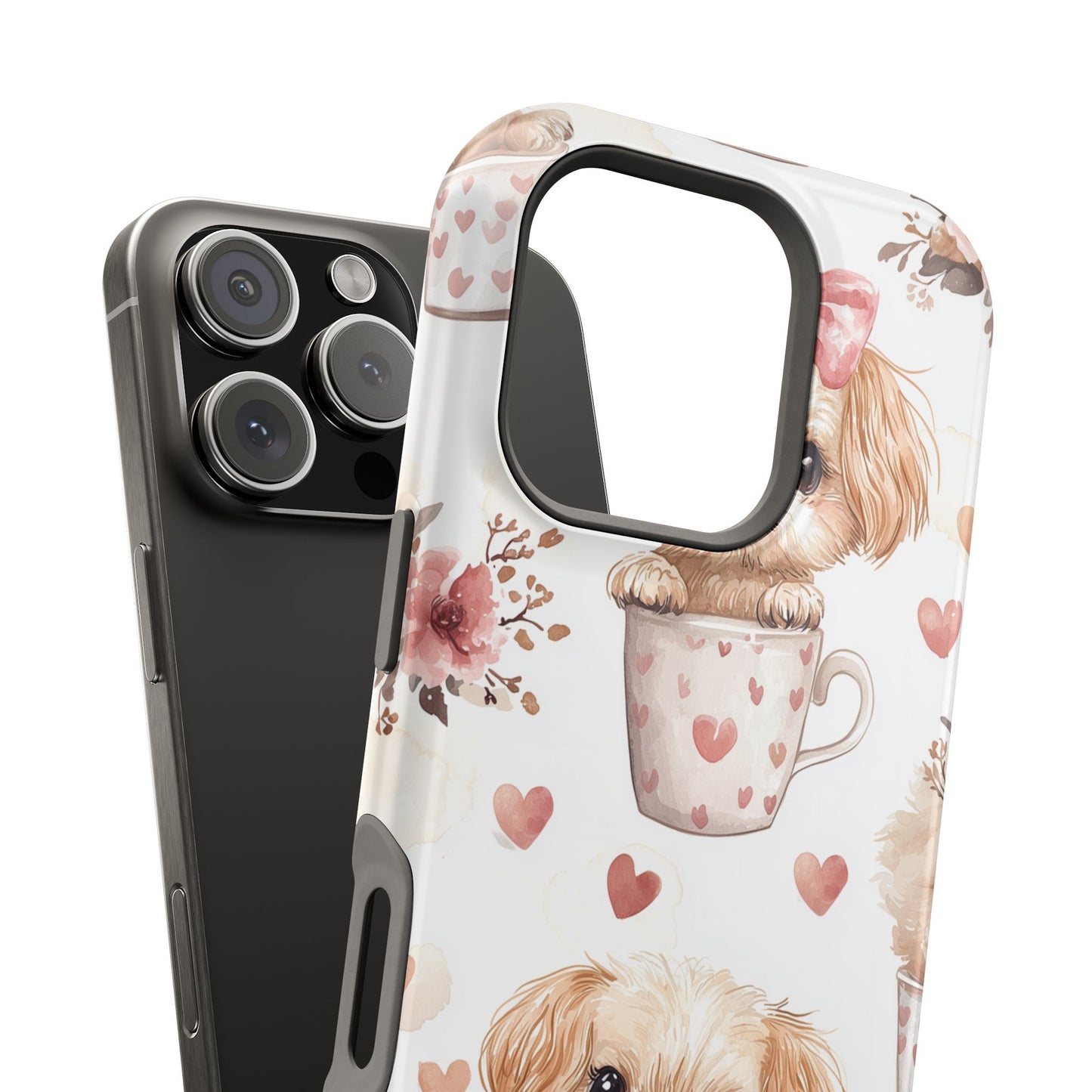 Cute Puppies in Heart MagSafe iPhone Case – Adorable Dog & Floral Design, Shockproof & Slim