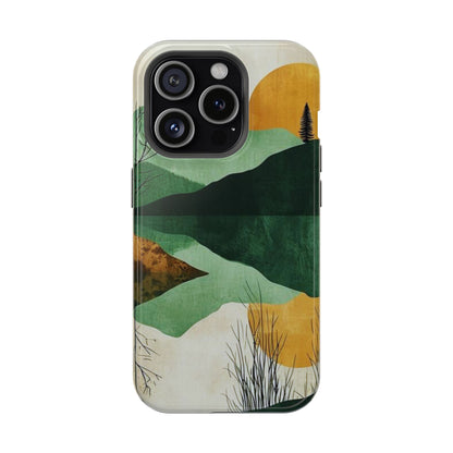 Retro Mountain Sunrise MagSafe iPhone Case – Minimalist Landscape Design, Dual-Layer Protection