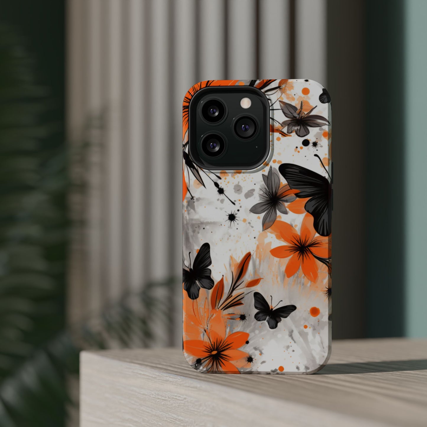 Orange Blossom & Black Butterfly MagSafe iPhone Case – Bold Floral Pattern with Modern Abstract Style