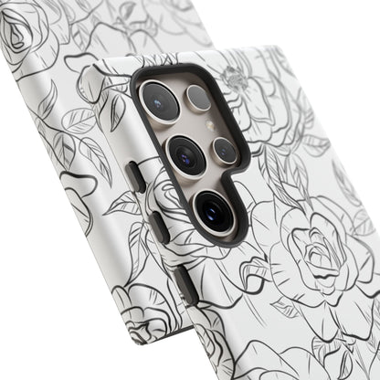 Monochrome Rose Garden Tough Samsung Galaxy Case – Elegant Floral Line Art with Dual-Layer Protection