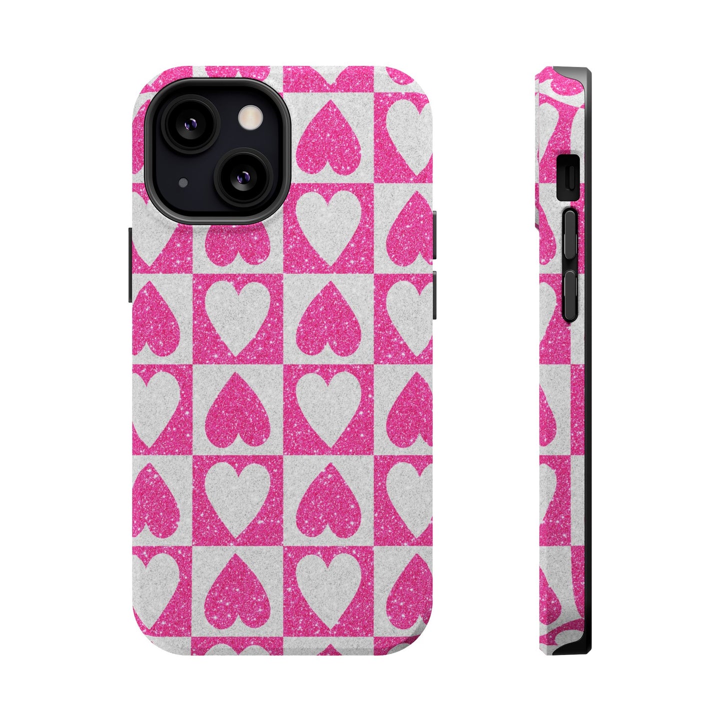 Pink Glitter Heart Checkered Pattern MagSafe Case