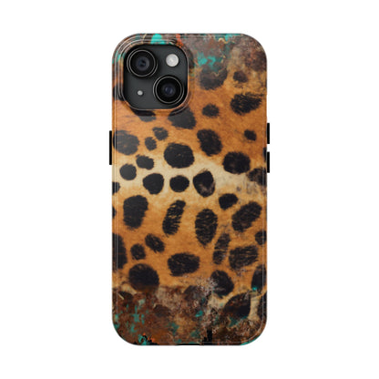 Rustic Leopard Print Tough iPhone Case – Distressed Turquoise and Animal Pattern with Dual-Layer Protection