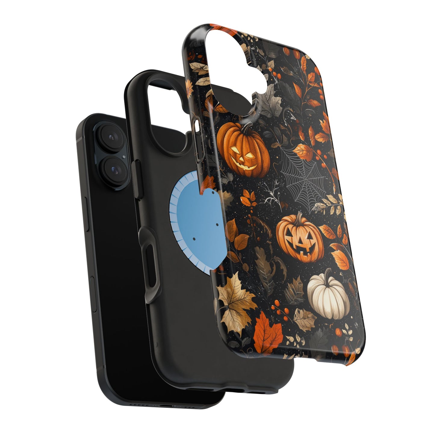 Elegant Halloween MagSafe iPhone Case – Pumpkin Jack-o'-Lanterns, Cobwebs & Autumn Foliage Design