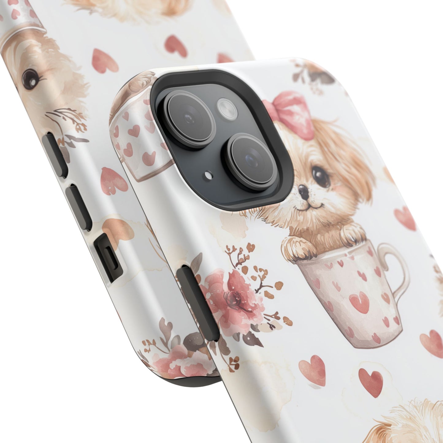 Cute Puppies in Heart MagSafe iPhone Case – Adorable Dog & Floral Design, Shockproof & Slim