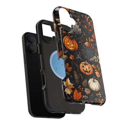 Elegant Halloween MagSafe iPhone Case – Pumpkin Jack-o'-Lanterns, Cobwebs & Autumn Foliage Design