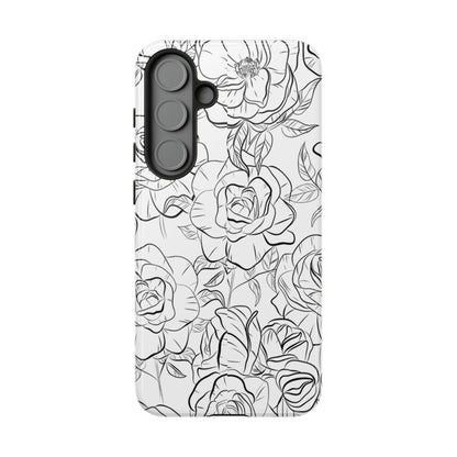 Monochrome Rose Garden Tough Samsung Galaxy Case – Elegant Floral Line Art with Dual-Layer Protection
