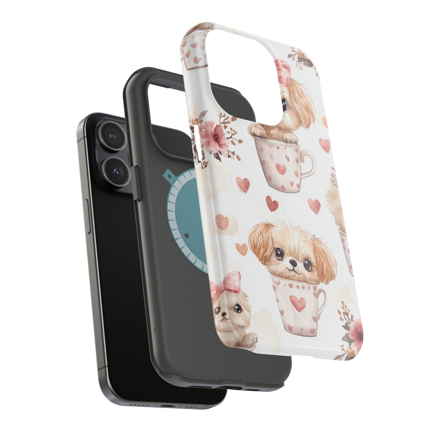 Cute Puppies in Heart MagSafe iPhone Case – Adorable Dog & Floral Design, Shockproof & Slim