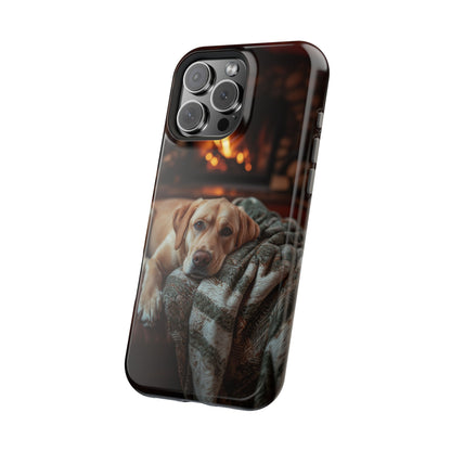 Cozy Labrador by Fireplace MagSafe iPhone Case – Rustic Cabin Protective Cover