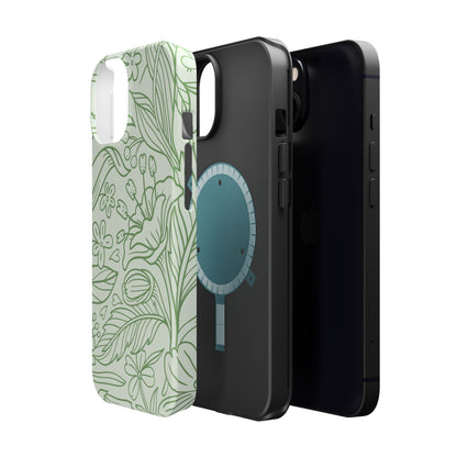 Sage Green Floral Line Art Tough MagSafe iPhone Case – Minimalist Botanical Design with Dual-Layer Protection