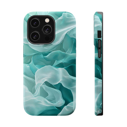 Elegant Flowing Teal Fabric MagSafe iPhone Case – Soft Waves Design