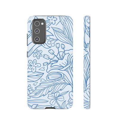 Dusty Blue Floral Line Art Tough Samsung Galaxy Case – Minimalist Botanical Design with Dual-Layer Protection