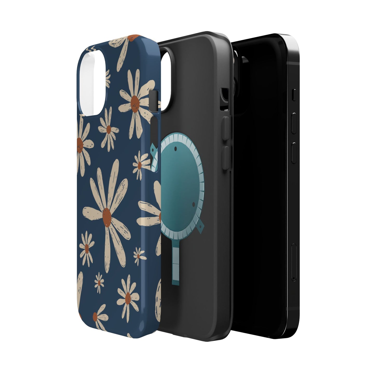 Vintage Daisies MagSafe iPhone Case – Navy Blue Floral Design, Scratch-Resistant with Shock-Absorbing Bumper