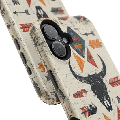 Tribal Bull Skull & Arrows Tough MagSafe iPhone Case – Rustic Western Design, Dual-Layer Protection