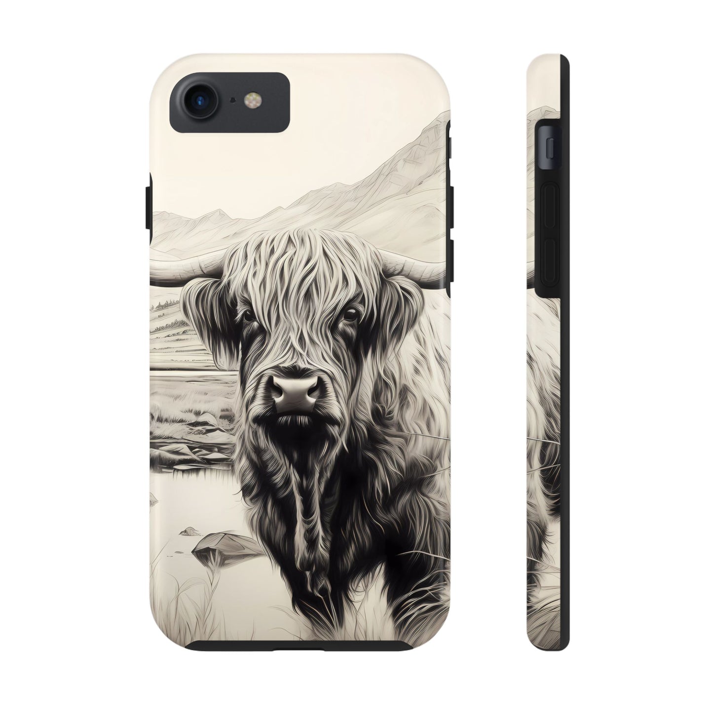 Cute Highland Cow Cases - Western Charcoal Sketched Cow - Farmhouse Design