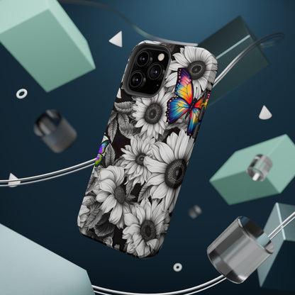 Rainbow Butterflies & Monochrome Sunflowers – MagSafe iPhone Case