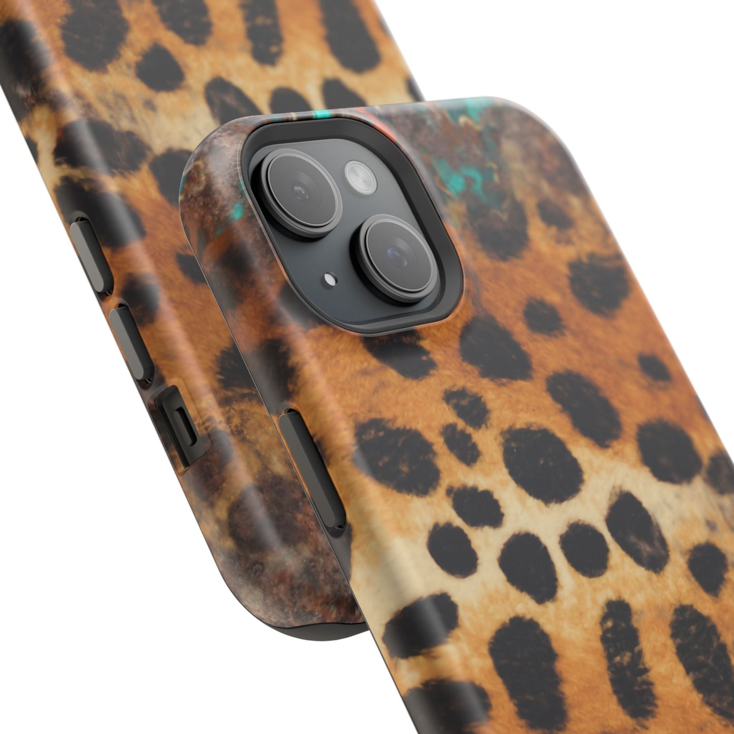 Rustic Leopard Print Tough MagSafe iPhone Case – Distressed Turquoise and Animal Pattern with Dual-Layer Protection