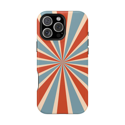 Vintage Blue & Red Sunburst MagSafe iPhone Case – Bold Geometric Pattern, Shock-Resistant Cover