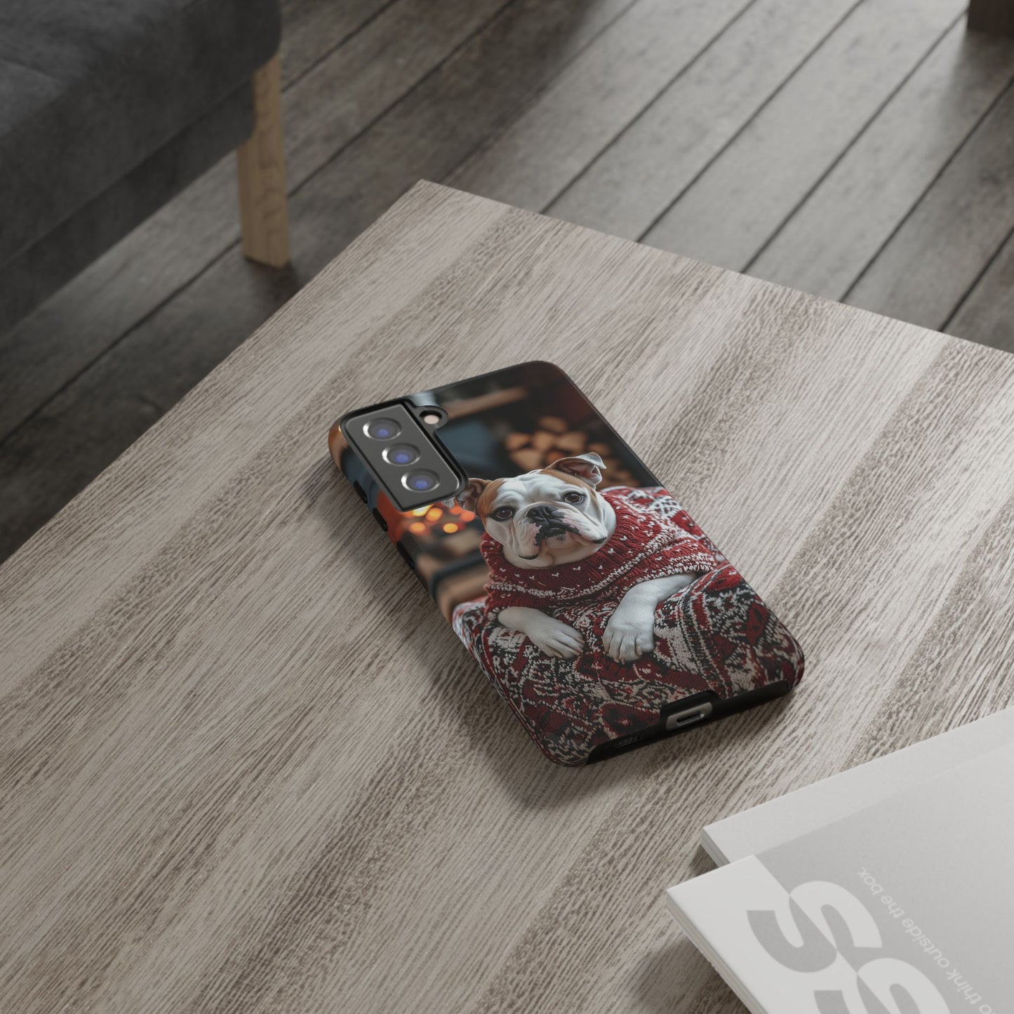 Cozy Bulldog in Sweater Samsung Galaxy Case – Festive Fireplace Protective Cove